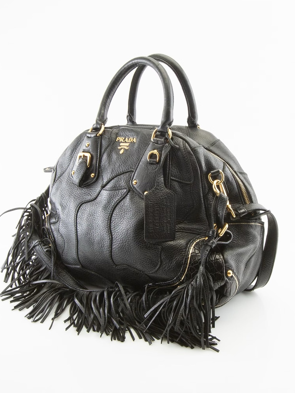 Prada Cervo Patchwork Bauletto Fringe Bag black deerskin leather brass hardware